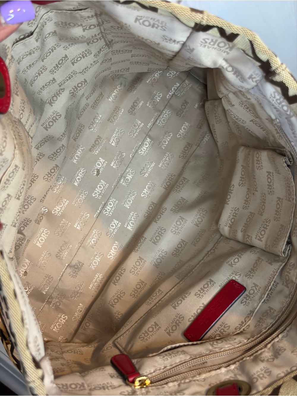 Michael Kors Tan MK Logo Tote with Red Handles - Picture 9 of 10